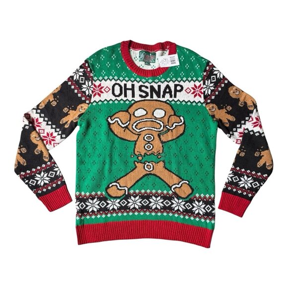 NWT Oh Snap Gingerbread Ugly Christmas Sweater Green Red Holiday Crewneck L - Picture 1 of 8